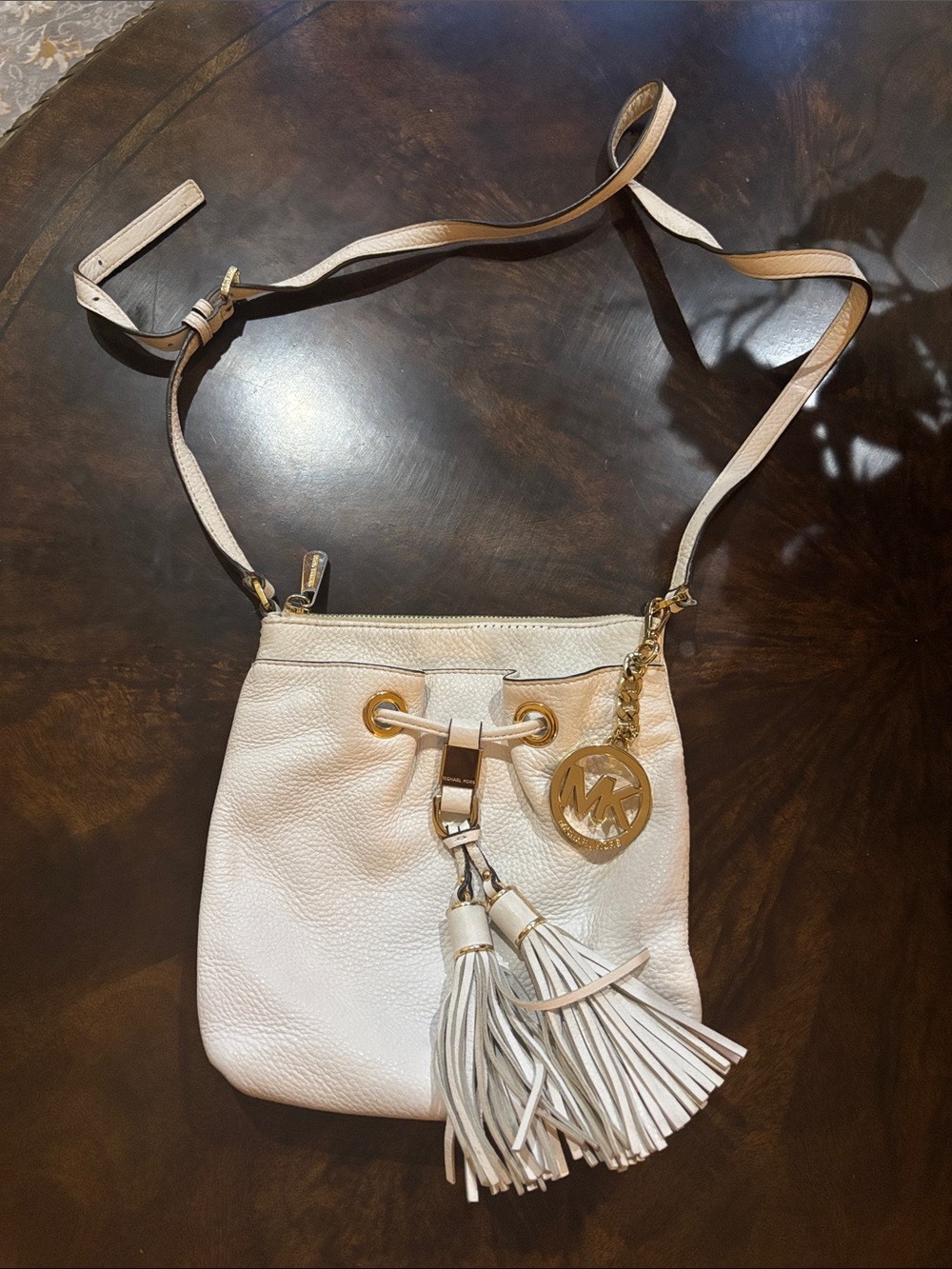 Michael Kors White Leather Tassel Crossbody with Gold Accents